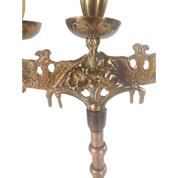 Large Vintage Gold Brass Phoenix Peacock 7-Light Candelabra Menorah - Picture 5 of 11